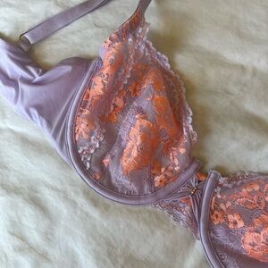 Victoria's Secret Unlined Demi Purple Lavender Peach Floral Lace Bra - 32DD